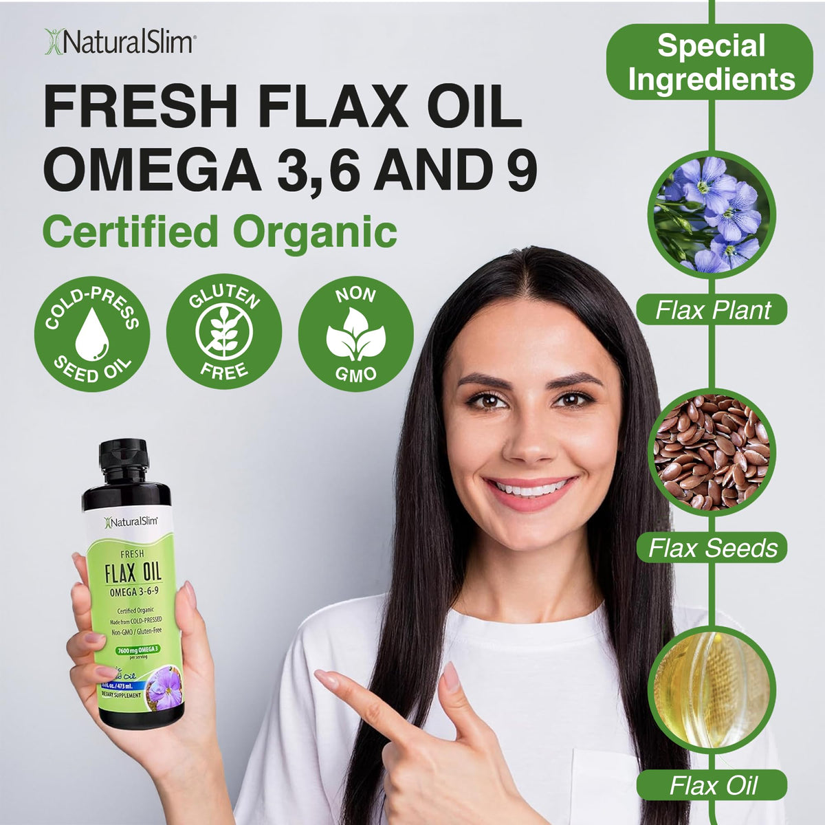 Organic cold pressed flaxseed oil bottle showcasing vegetarian seal