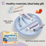 Dishwasher safe premium 18 8 stainless steel toddler utensils being washed.