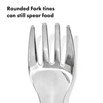 OXO Tot travel toddler utensils in Lilac purple color showing the rounded stainless steel fork and deep spoon.