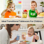 The complete kids safe flatware collection in its premium packaging from the top angle.
