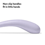 Close-up of the ergonomic non-slip weighted handles on the OXO Tot toddler fork and spoon set.
