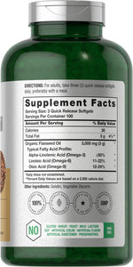 Horbäach cold pressed flaxseed oil 300 softgels nutritional label detailing omega 3 6 9 breakdown