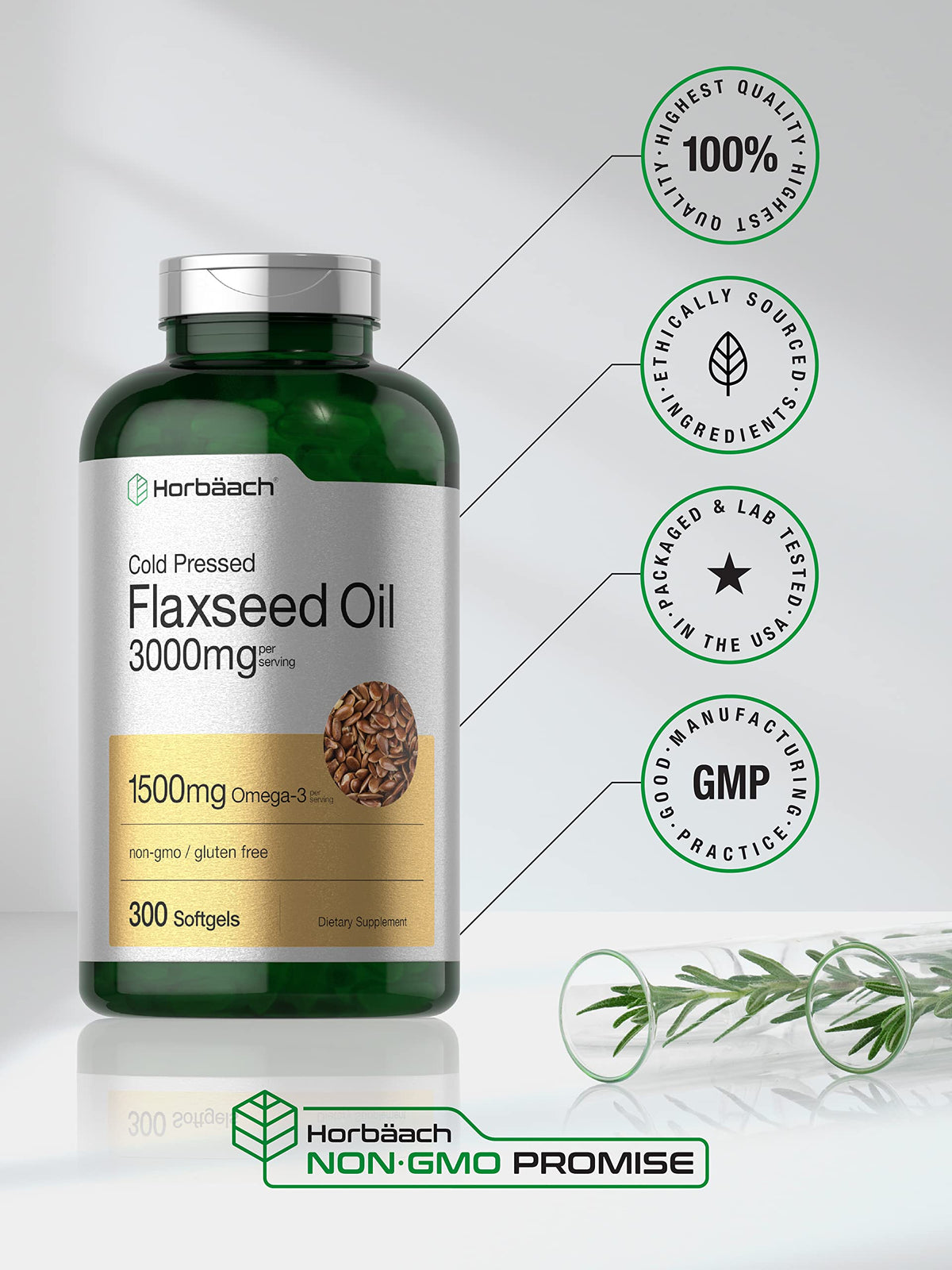 High potency flax seed dietary supplement showing premium packaging details