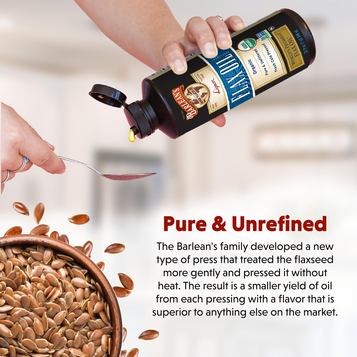Barlean's liquid omega three dietary supplement bottle with organic certification seals