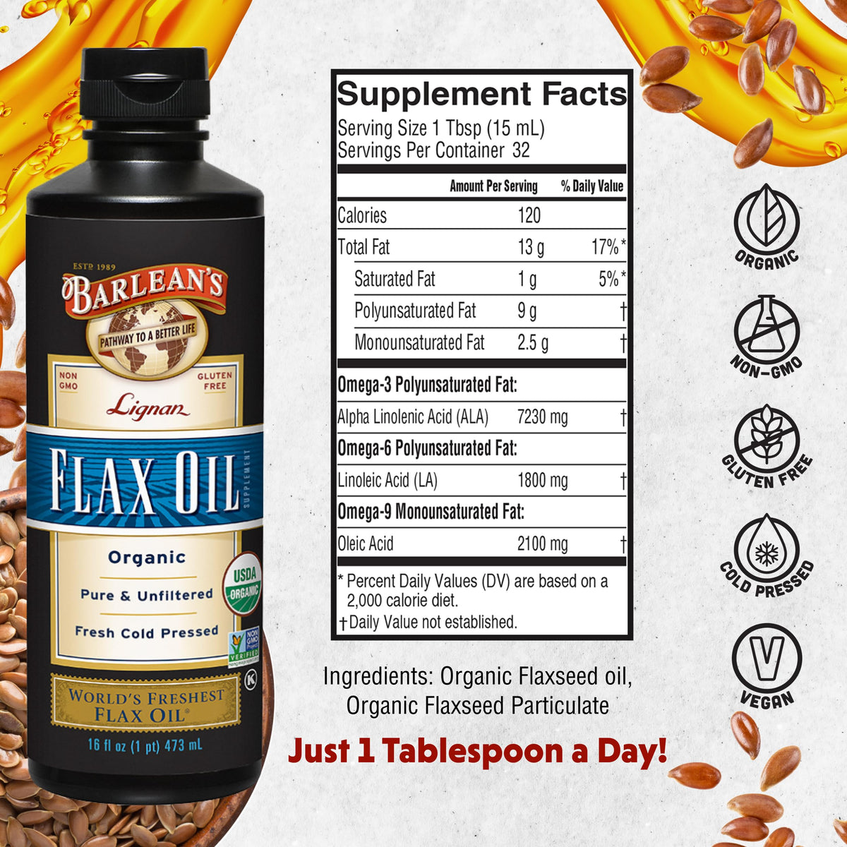 Vegan and gluten free organic flaxseed oil liquid for daily wellness