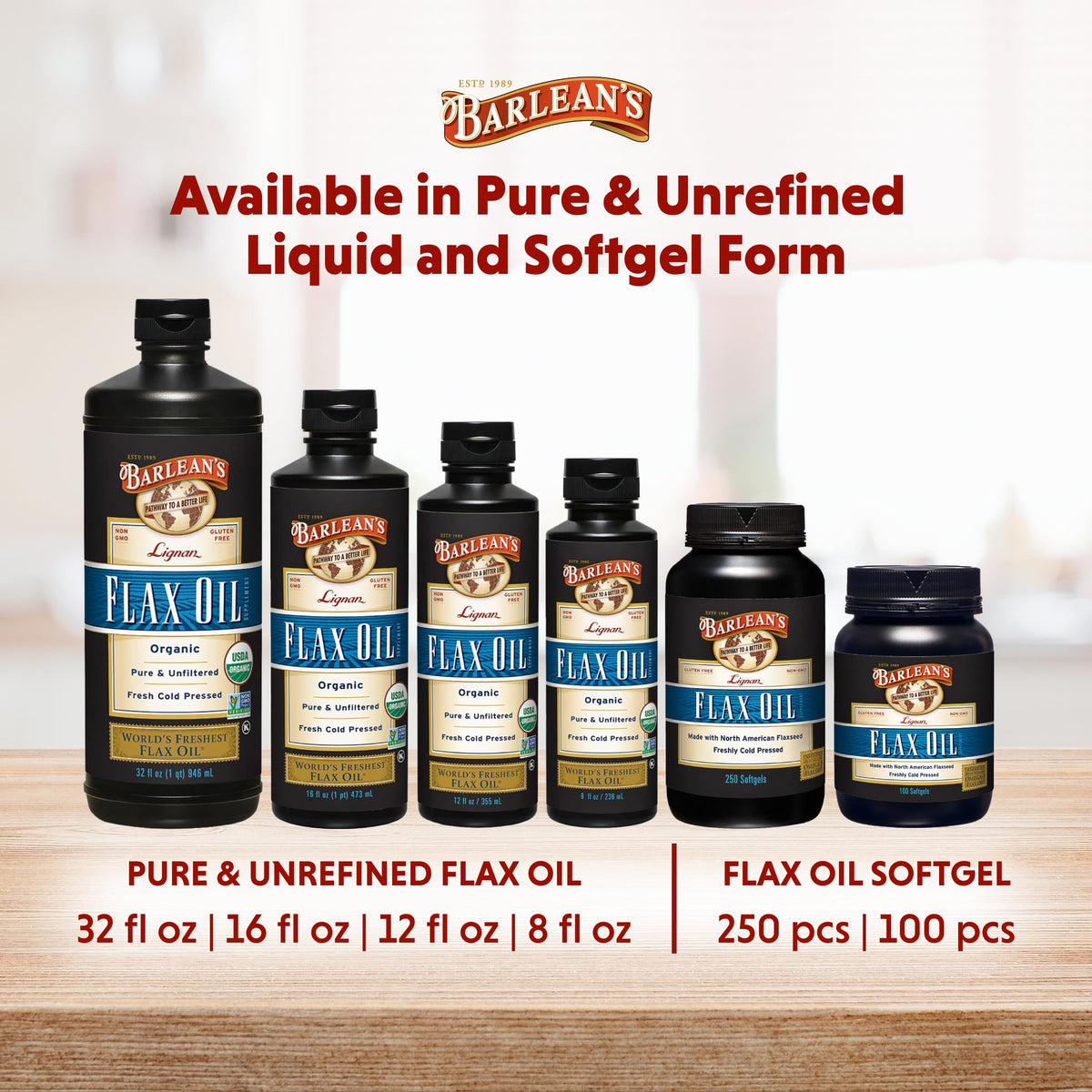Barlean's unrefined cold pressed flaxseed oil supplement package layout
