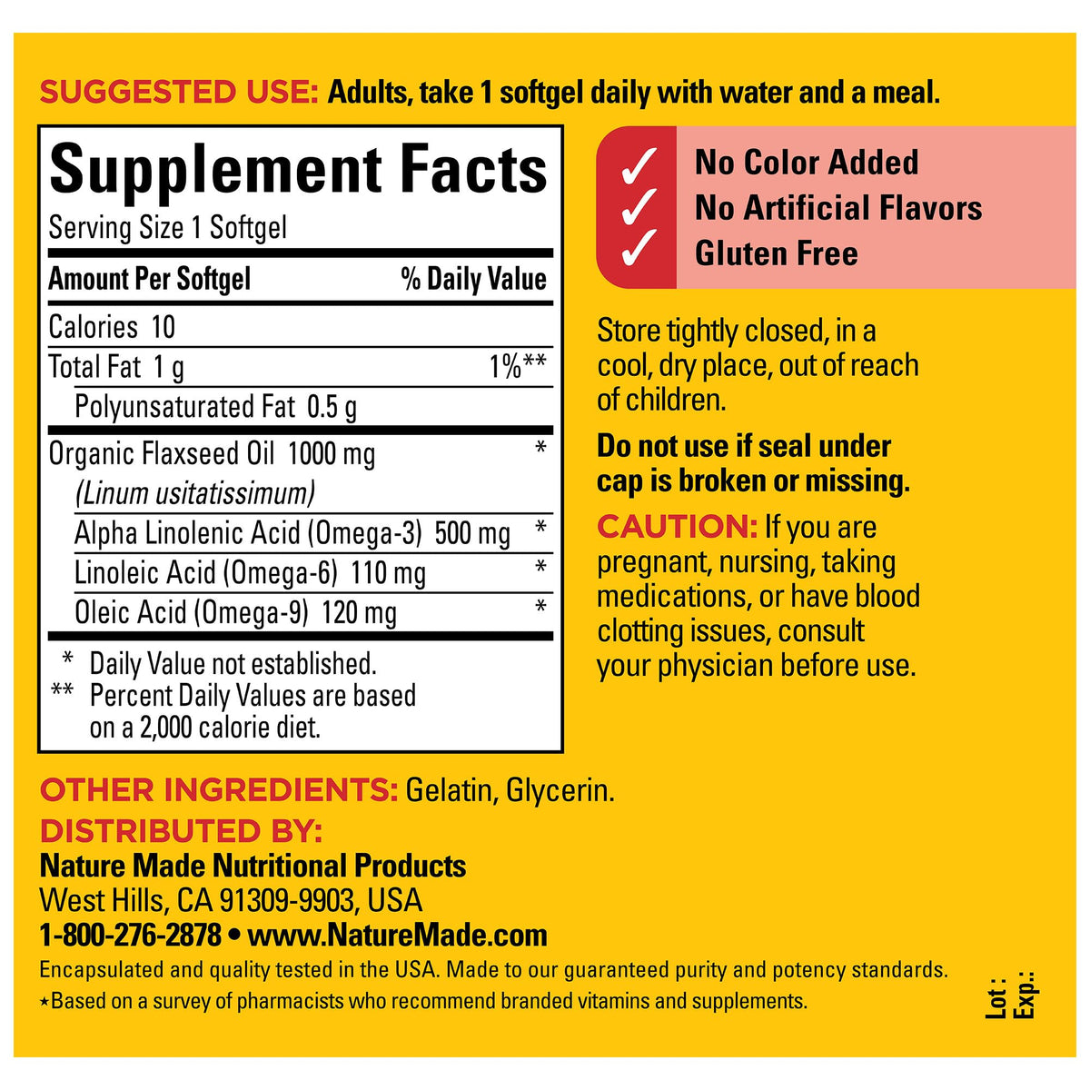 Nature Made Flaxseed Oil 100 Count bottle side view