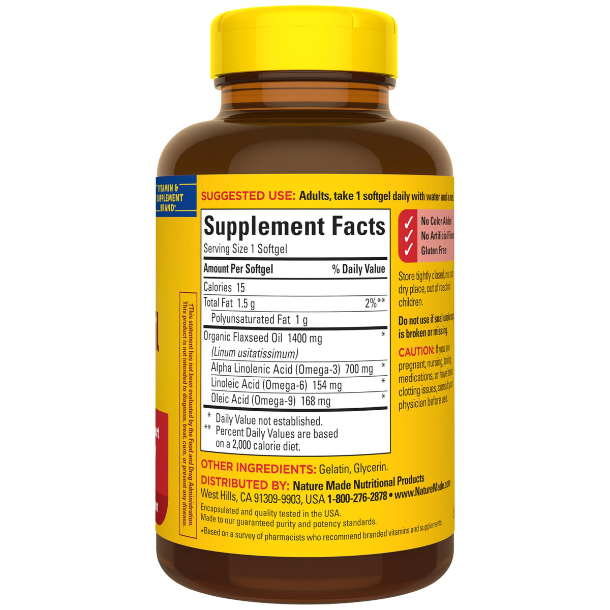 Nature Made extra strength omega 3 plant based supplement bottle size reference and USP verification mark