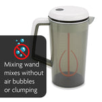 Automatic formula mixing pitcher with locking lid and no drip spout
