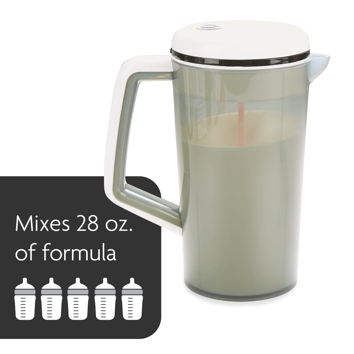 Dishwasher safe baby formula pitcher with motorized mixing wand disassembled