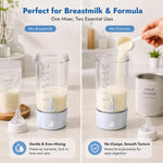 Automatic breast milk container with locking lid showing the motorized bidirectional stirring assembly.
