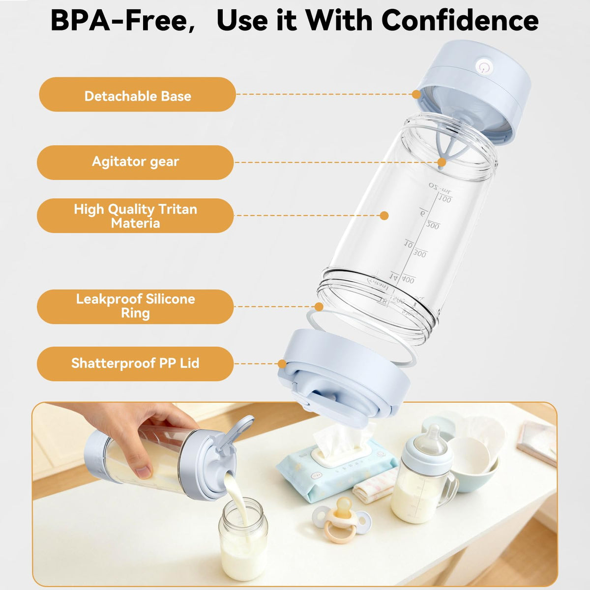 Tenmonth baby formula milk making machine being filled with water and powder.