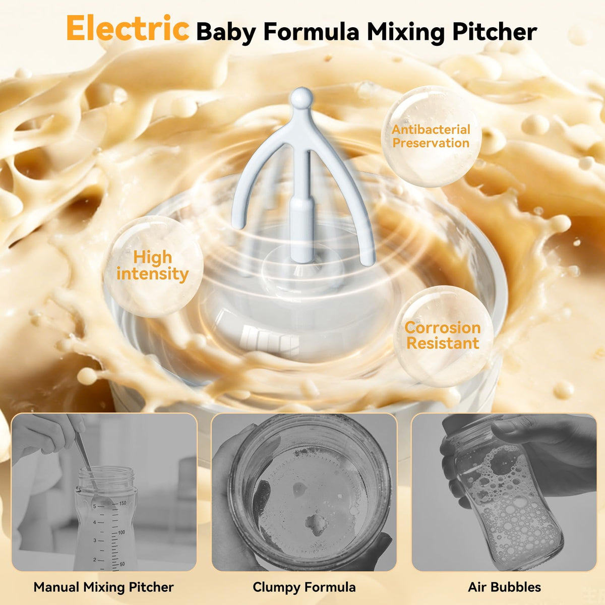 Portable electric mixer for baby formula showing the digital one-press control panel close up.
