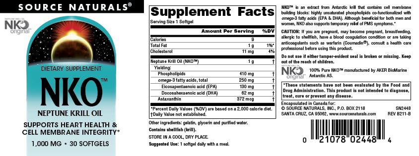 Supplement facts panel of USA imported Source Naturals 1000 mg krill oil showing EPA and DHA levels.