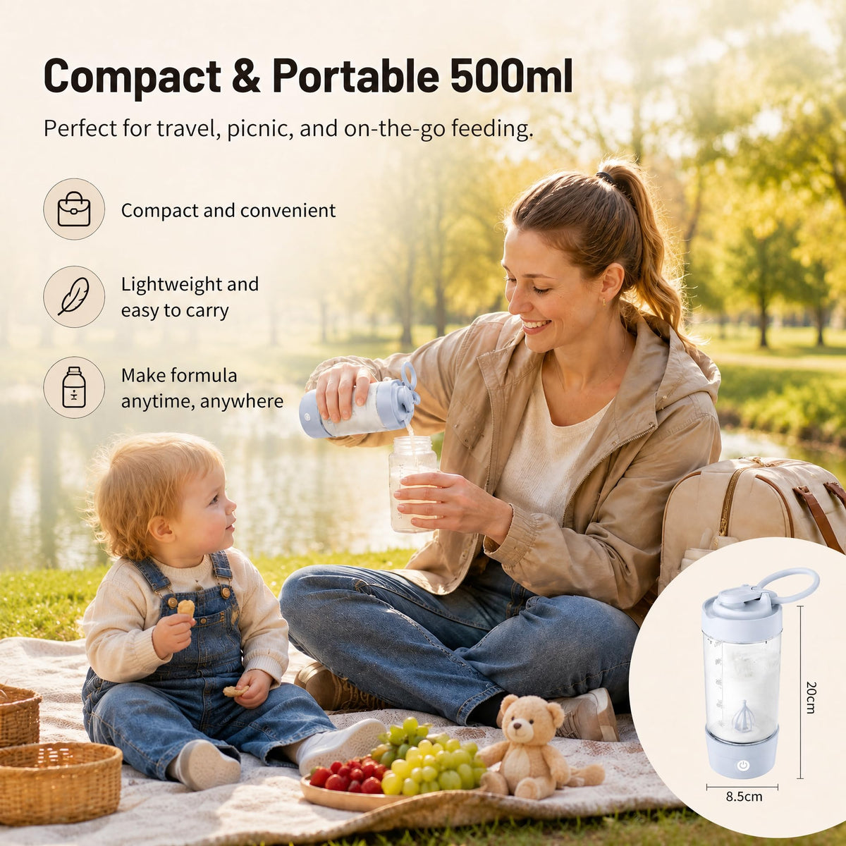 Clump free infant formula preparation process inside the transparent automatic blending jar.