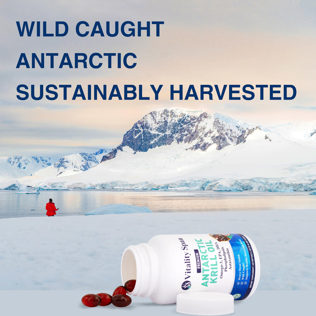 Close up of small quick release red krill oil softgels showcasing the natural astaxanthin color.