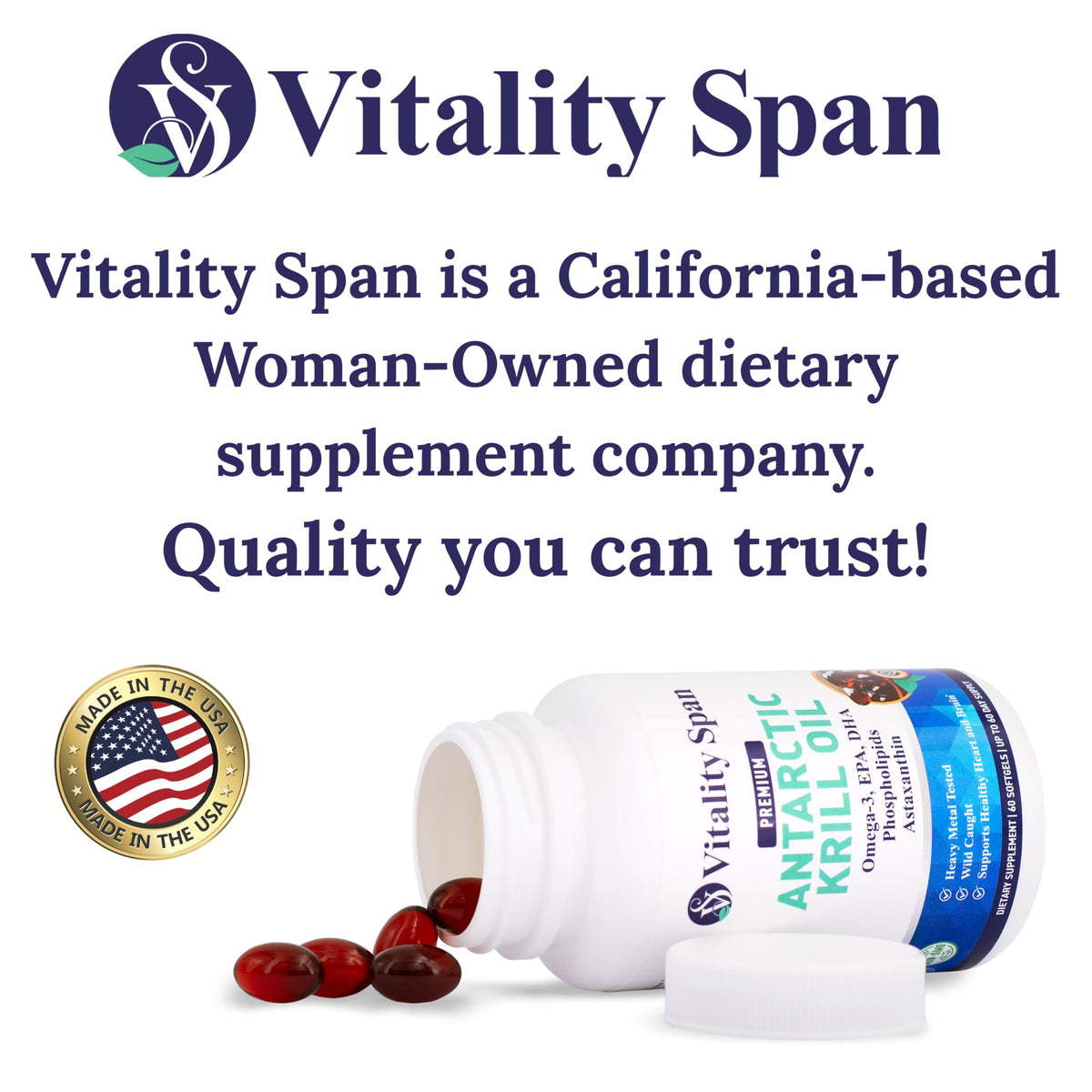 Side label of Vitality Span premium wild caught Antarctic krill oil demonstrating heavy metal tested certification.