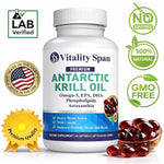 Vitality Span phospholipid omega 3 capsules next to its original packaging box for authenticity verification.