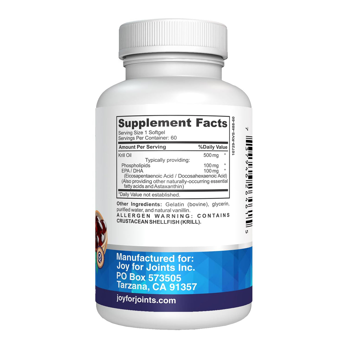 Top view of the easy to swallow extra strength krill oil softgels by Vitality Span.