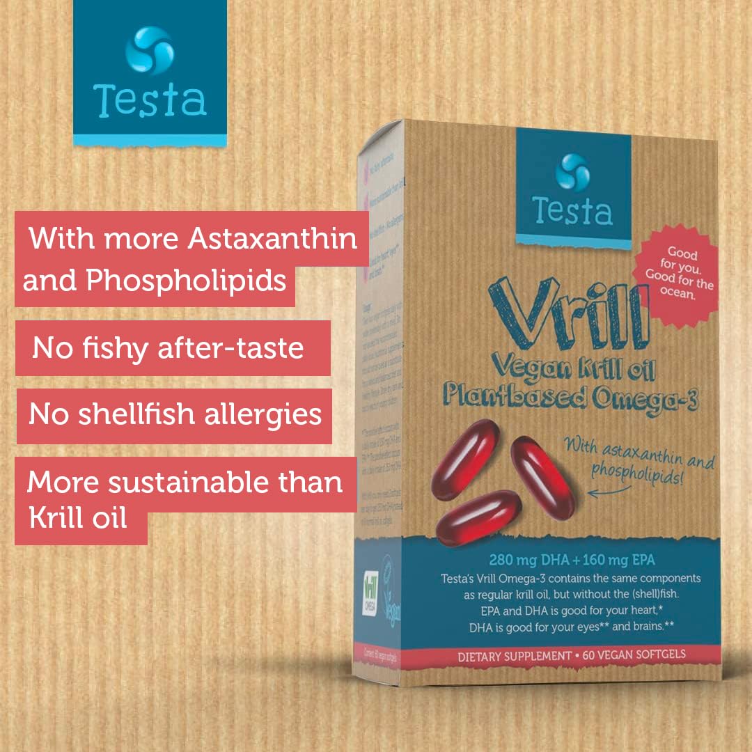 Testa Omega 3 plant based krill alternative packaging box showing nutritional facts