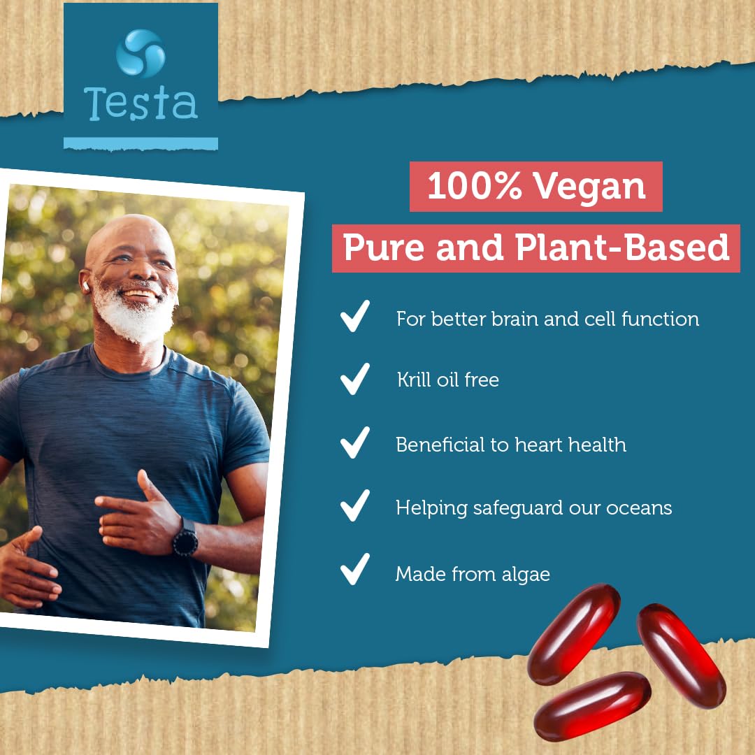 Algae sourced omega 3 capsules by Testa showing golden vegan softgels