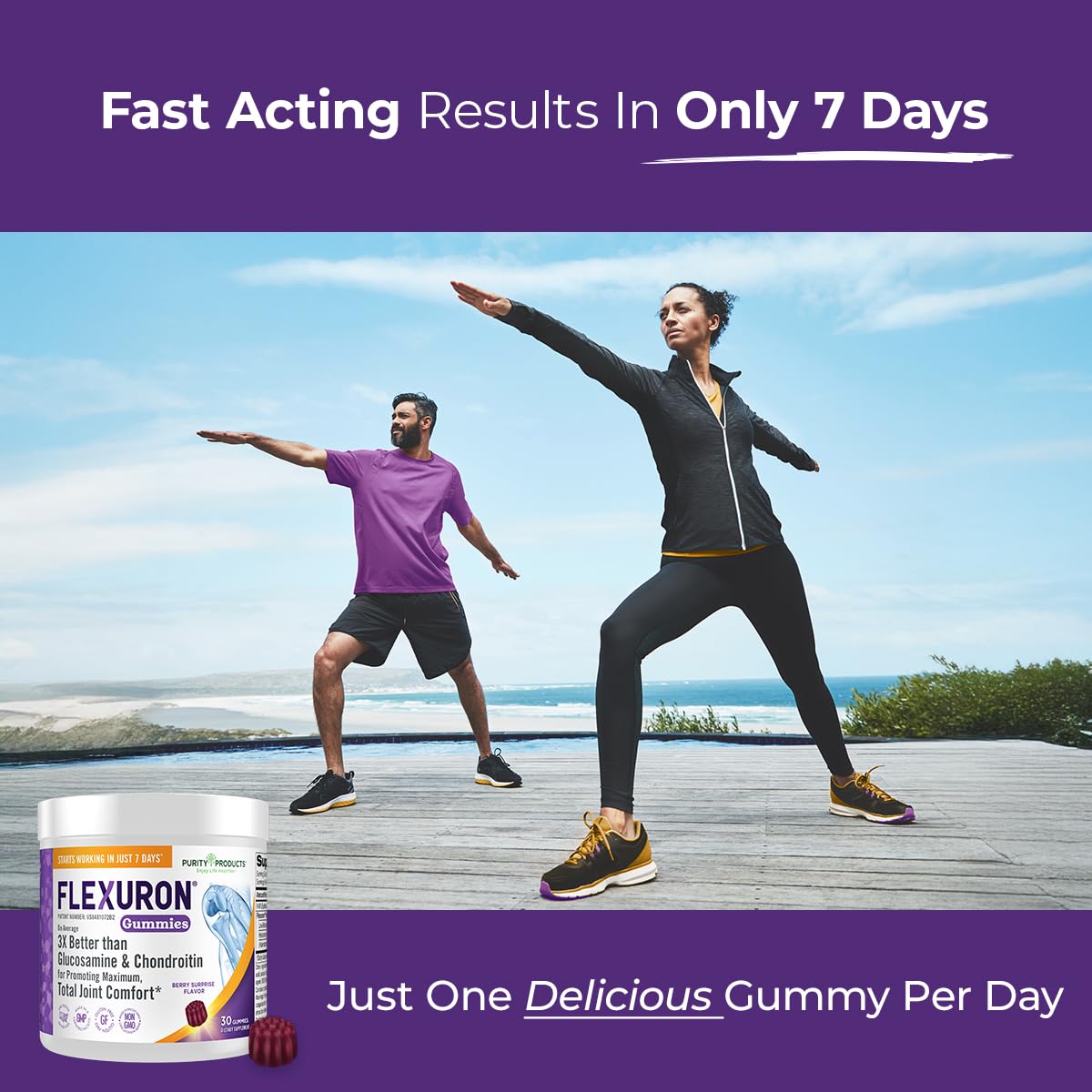 Full product packaging of imported Purity Products Flexuron gummies for Indian consumers.