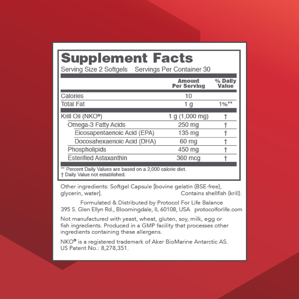 Protocol For Life Balance Extra Strength Krill Oil 1000mg supplement facts panel detailing EPA and DHA