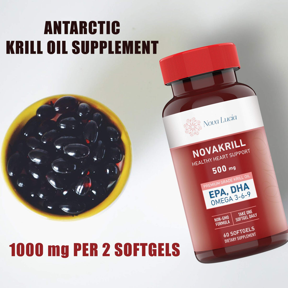 Nova Lucia krill oil sixty liquid softgels container supplement facts and ingredient list label