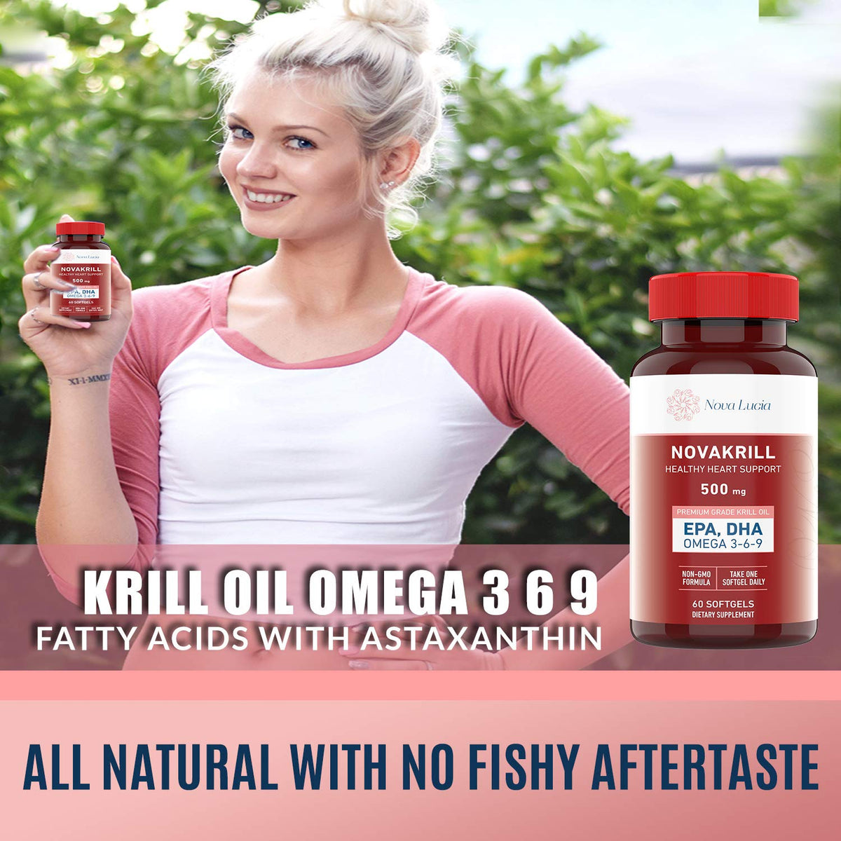 Nova Lucia NovaKrill dietary supplement packaging highlighting EPA DHA and astaxanthin content