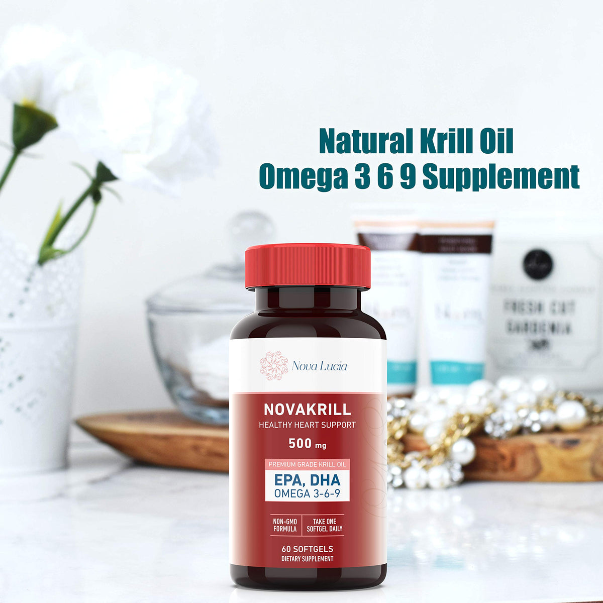 Close up view of the antioxidant rich red softgels for heart and joint health support