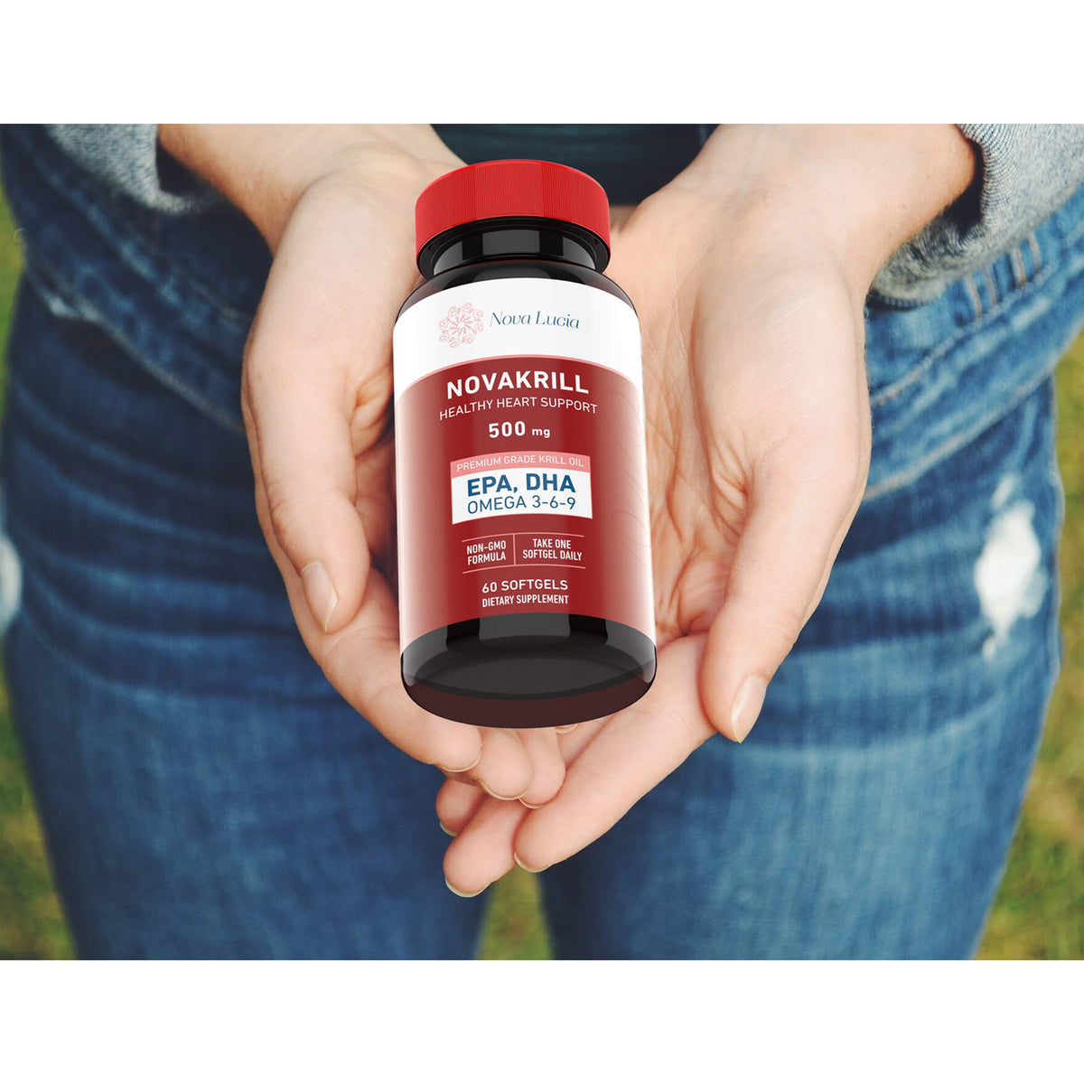 Authentic USA imported Nova Lucia health supplement bottle showing daily dosage instructions