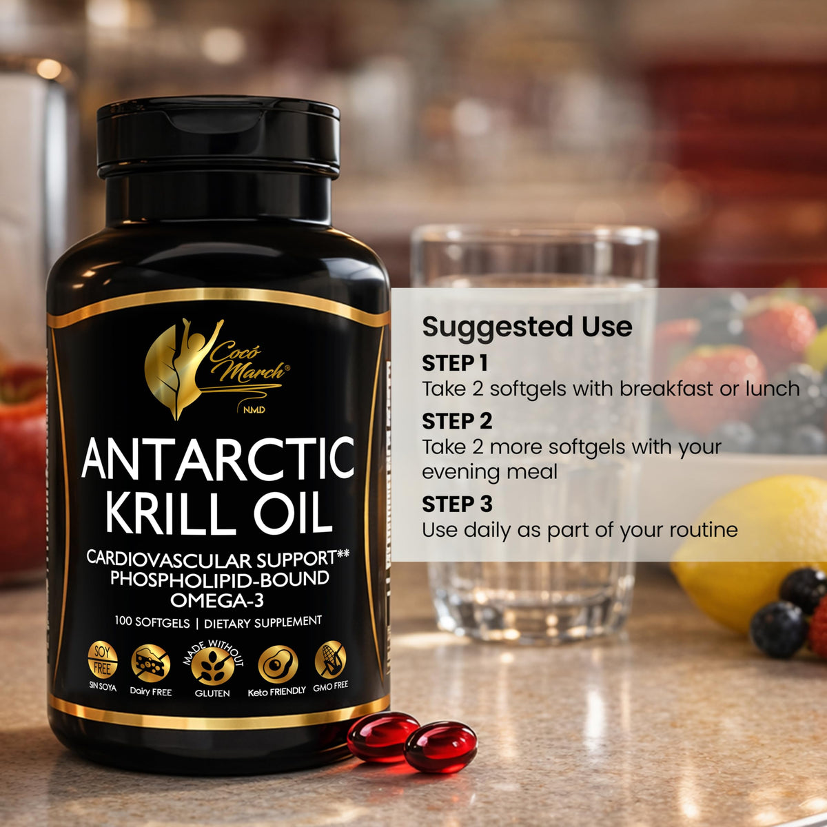 Premium Antarctic Krill Oil by Cocó March showing the high potency antioxidant support with choline.