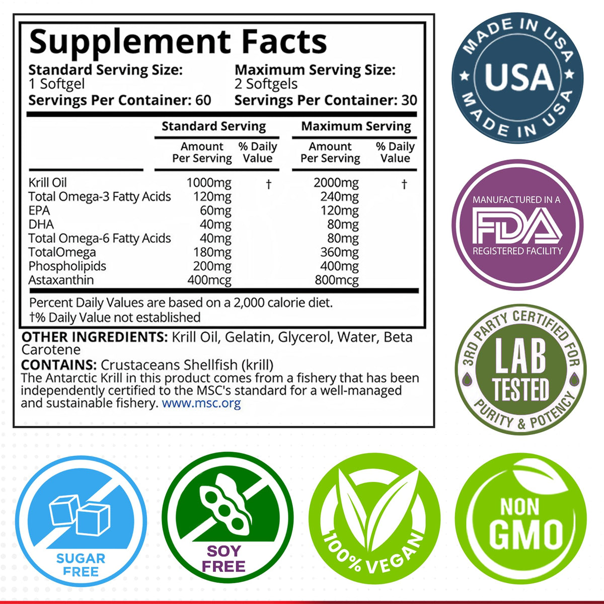 Authentic Purity Labs Antarctic Krill Oil with astaxanthin nutritional facts label.