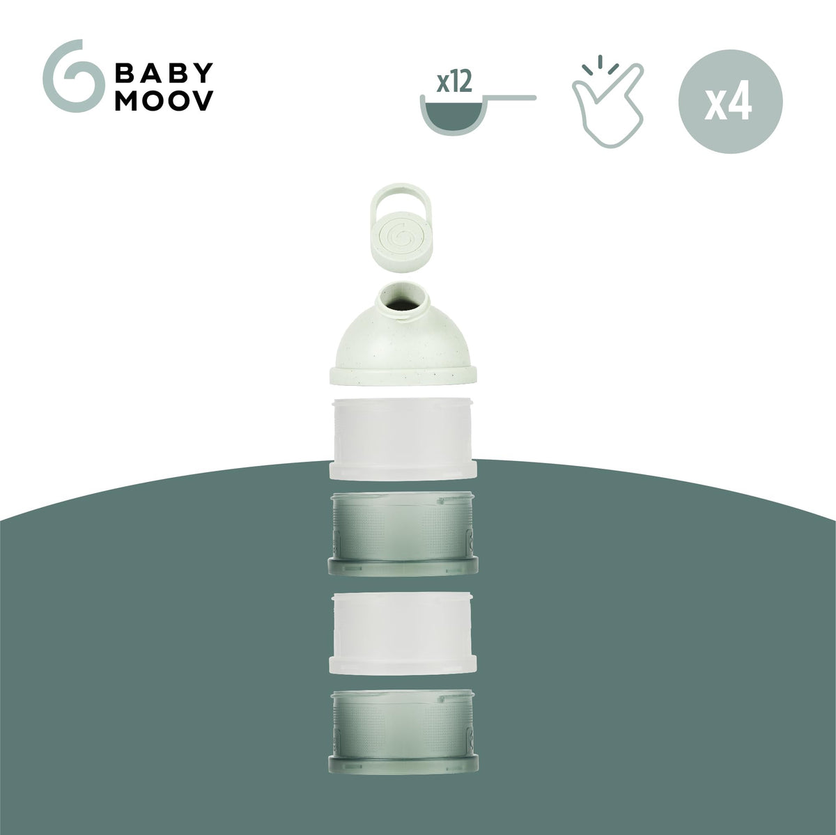Ergonomic spout lid detail on the green formula storage box demonstrating easy pour function