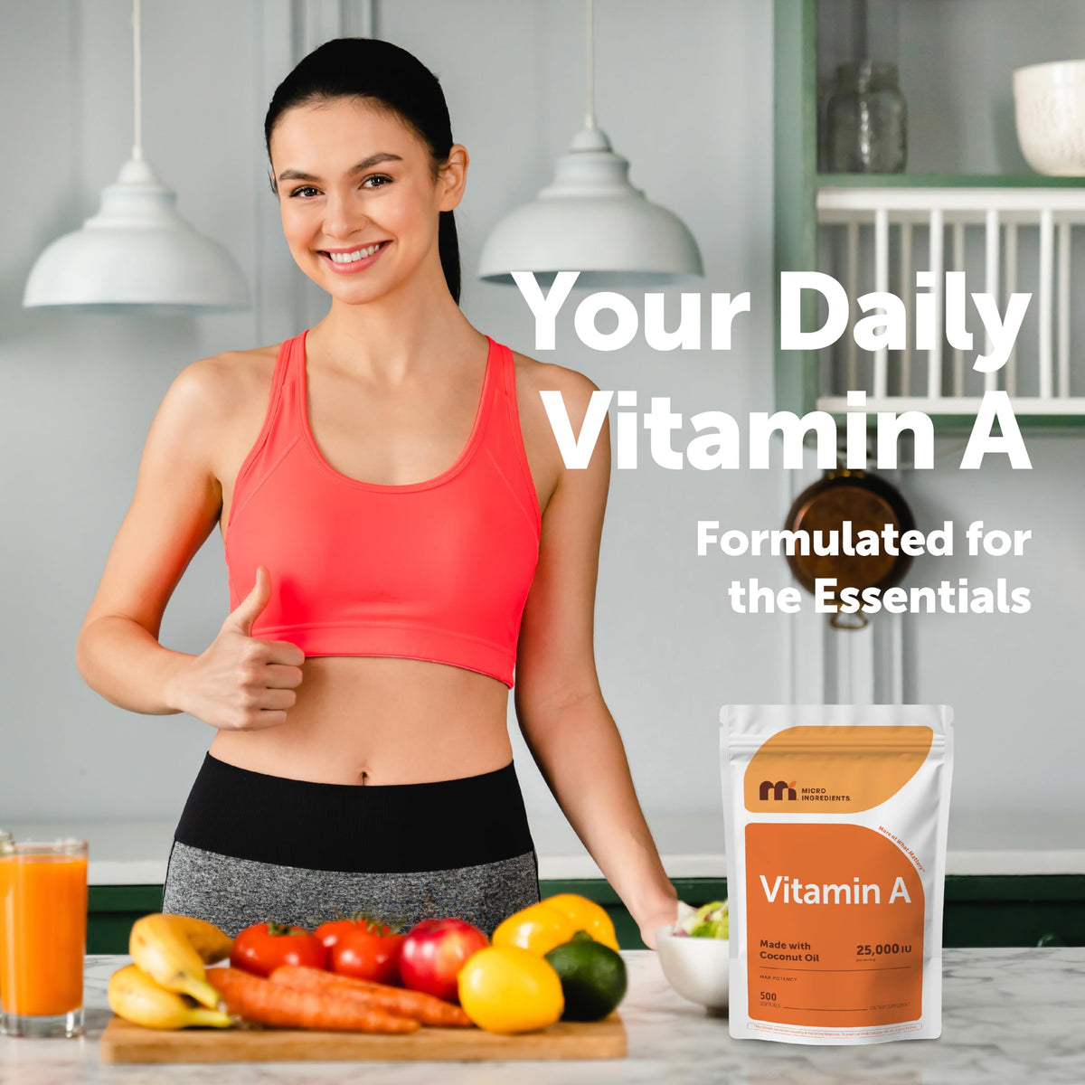 Micro Ingredients Vitamin A 25000 IU supplement bottle side view