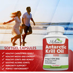 USA imported MILANIA Antarctic krill oil dietary supplement bottle displaying non GMO validation