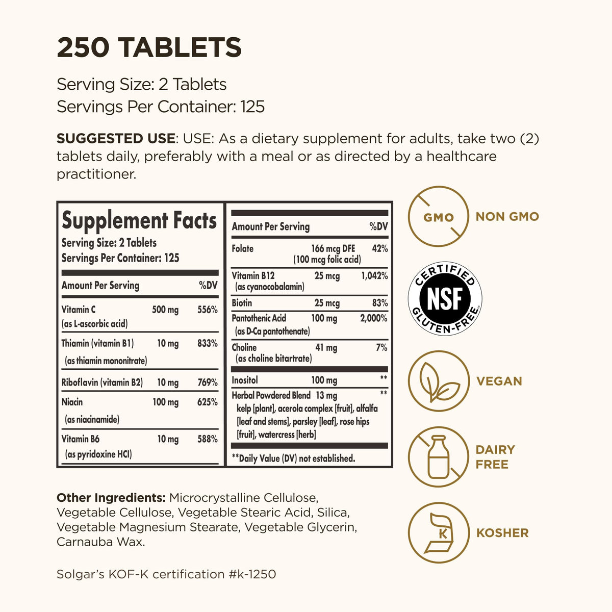 Solgar vegan B complex supplement bottle showing the allergen free and non GMO labels