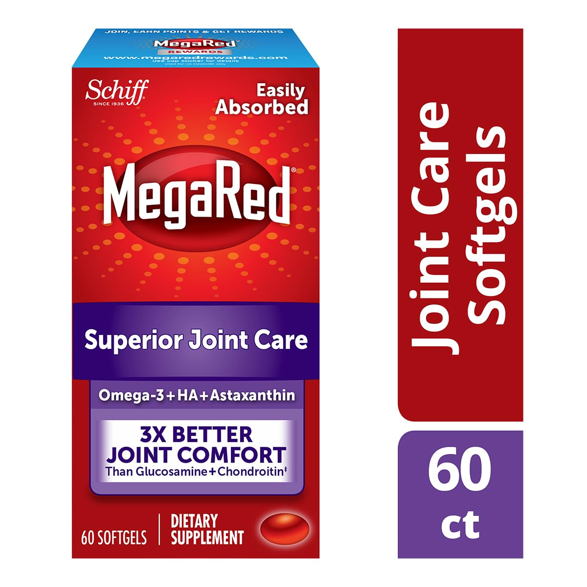 Schiff MegaRed three hundred fifty three milligrams omega three krill oil bottle showing supplement benefits.