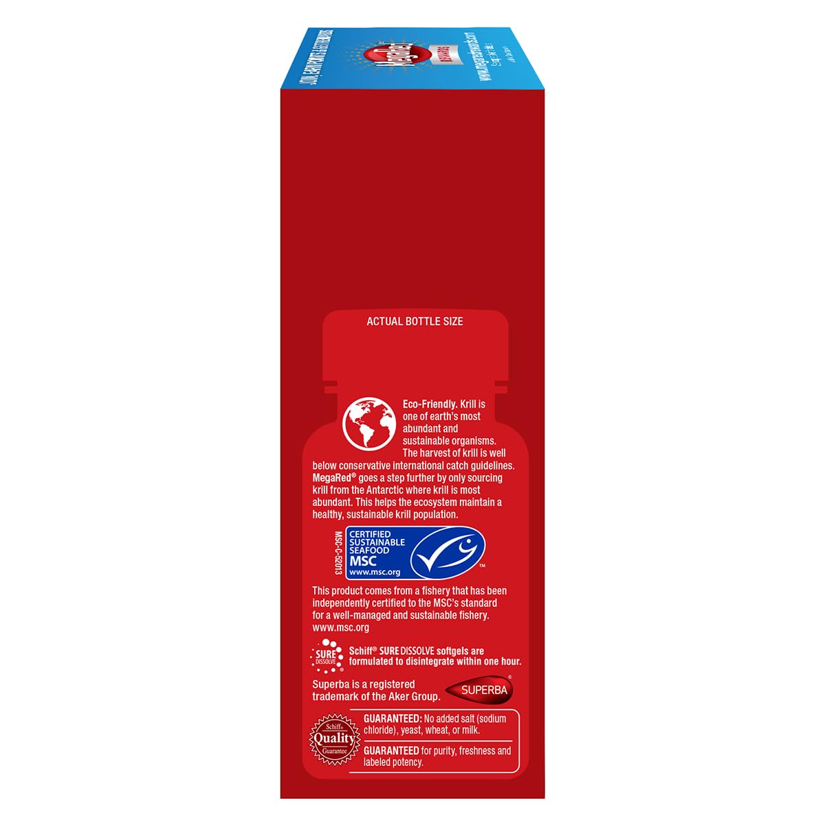 Close up view of small easy to swallow krill oil softgels.