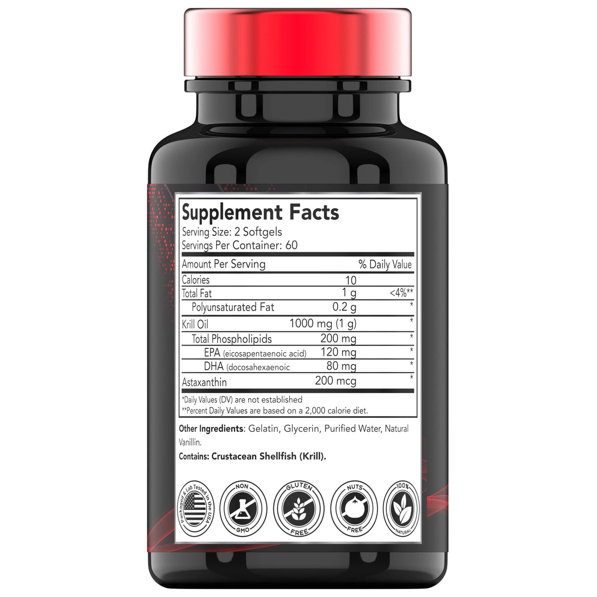 TNVitamins red krill oil softgels packaging showing supplement facts and ingredient list