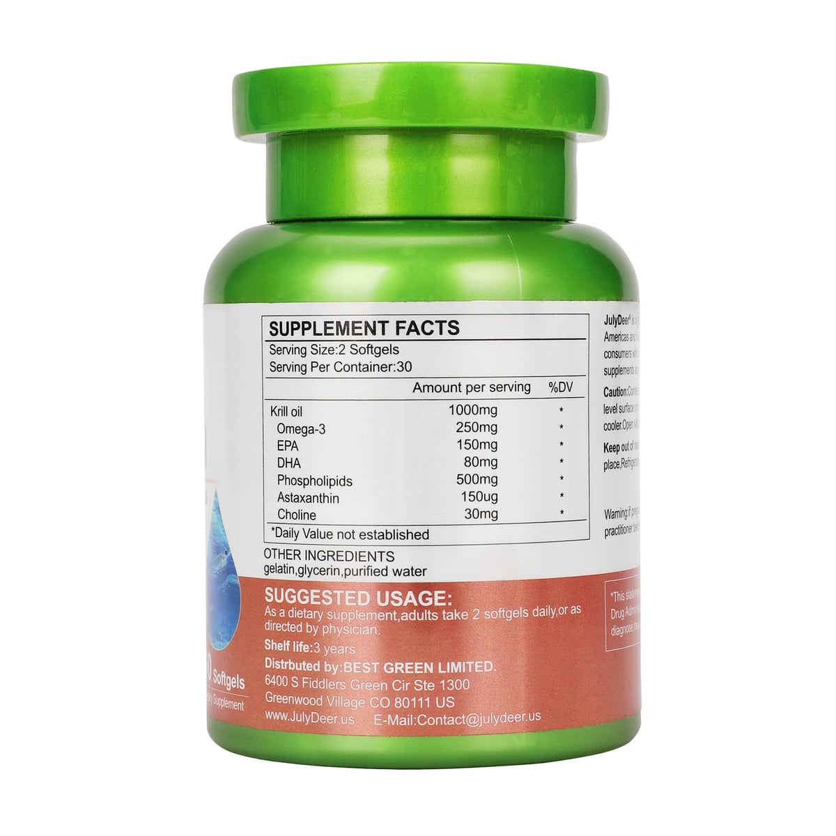 JulyDeer krill oil sixty softgels container showcasing astaxanthin and phospholipid health benefits info.