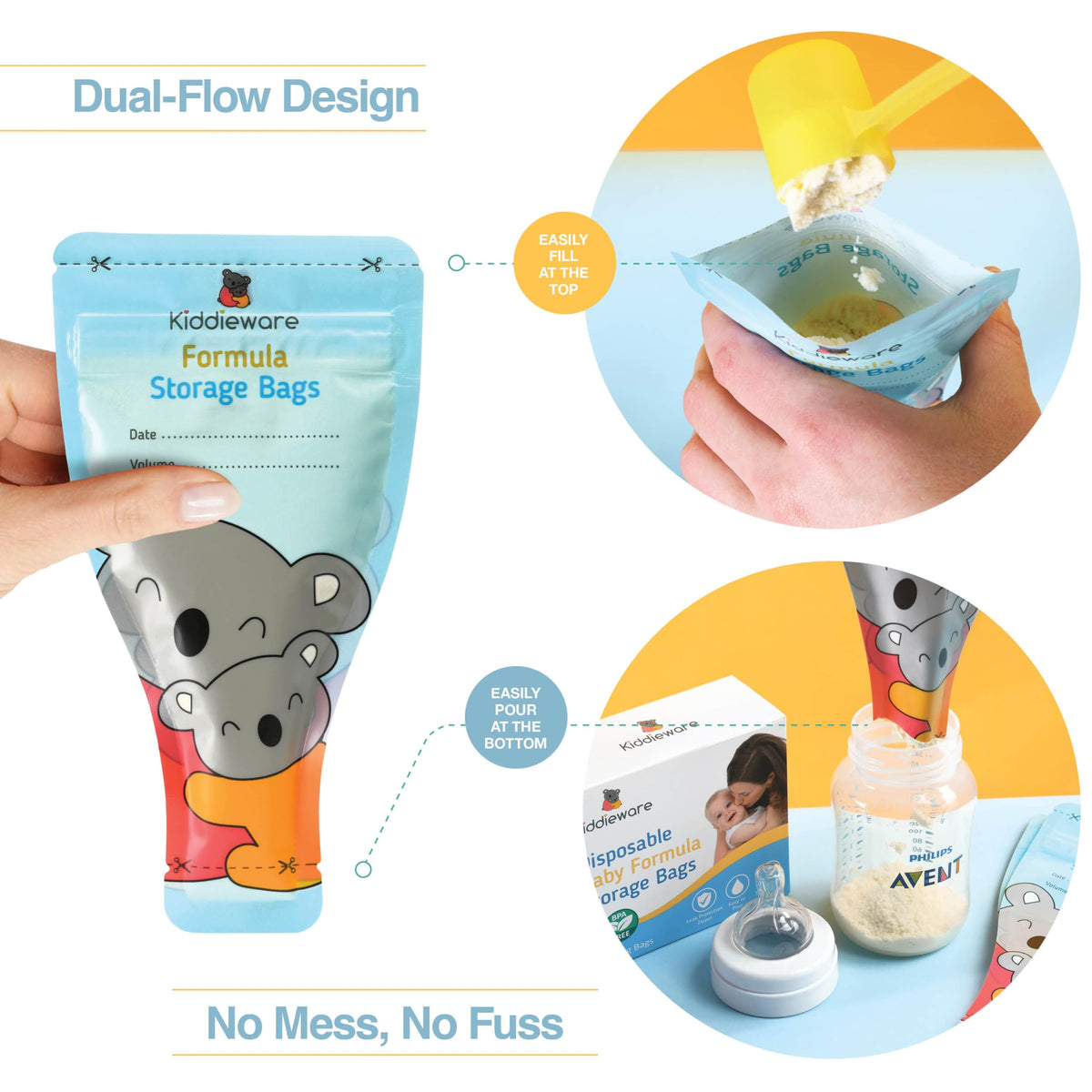 Pre sterilized baby formula travel bags with clear measurement markings and write-on label