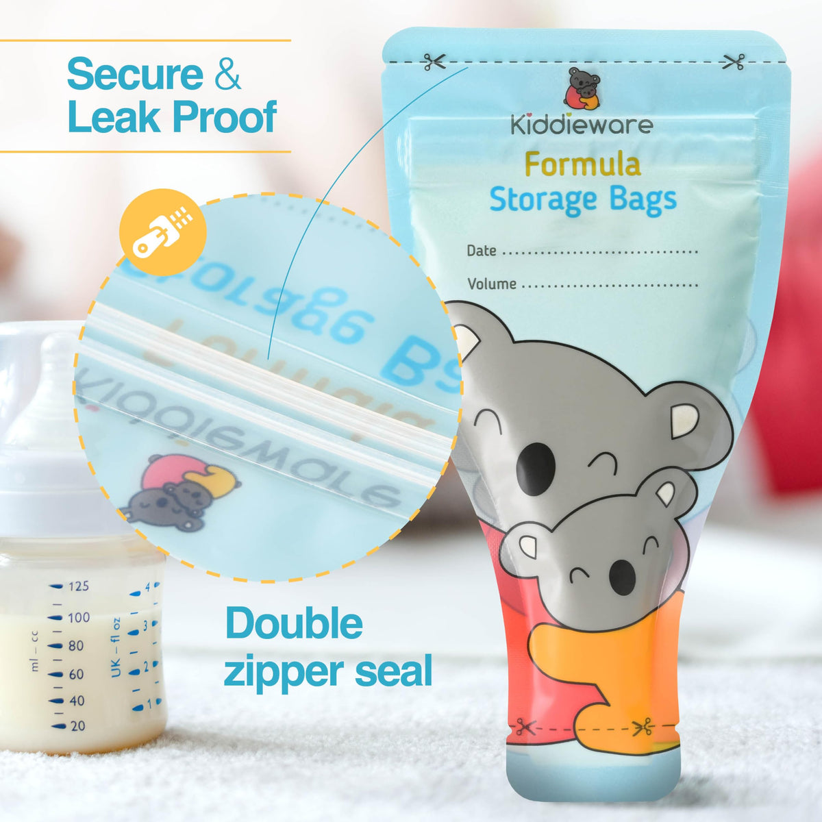 Food grade BPA free powdered milk dispenser bags showing self standing base design