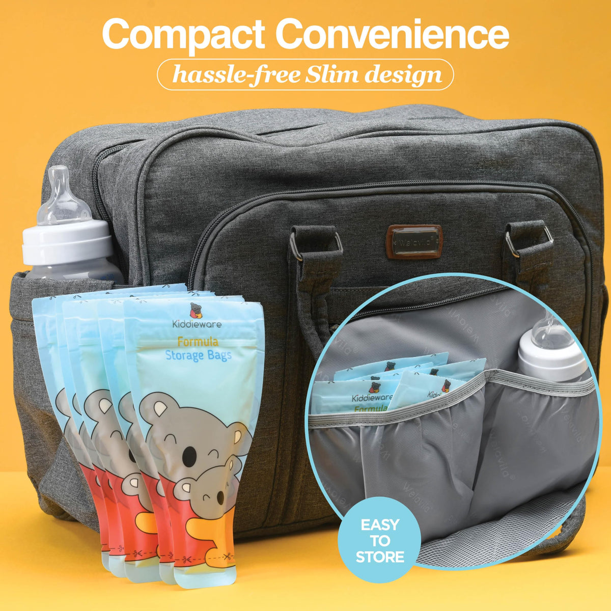 Authentic Kiddieware infant feeding accessories pack displaying food safe material certification