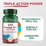 Side panel of Krill Omega 50 Plus showing key ingredients including CoQ10 and astaxanthin.