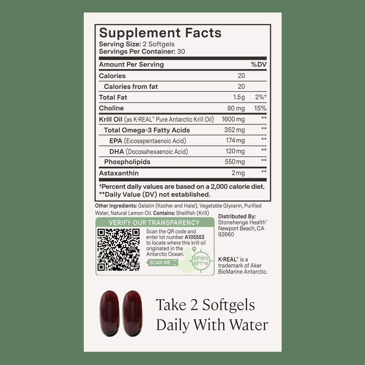 Authentic imported Stonehenge Health Antarctic krill oil capsules alongside natural lemon oil details.