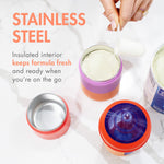Three pink stainless steel formula storage pods unstacked showing easy dispense funnel