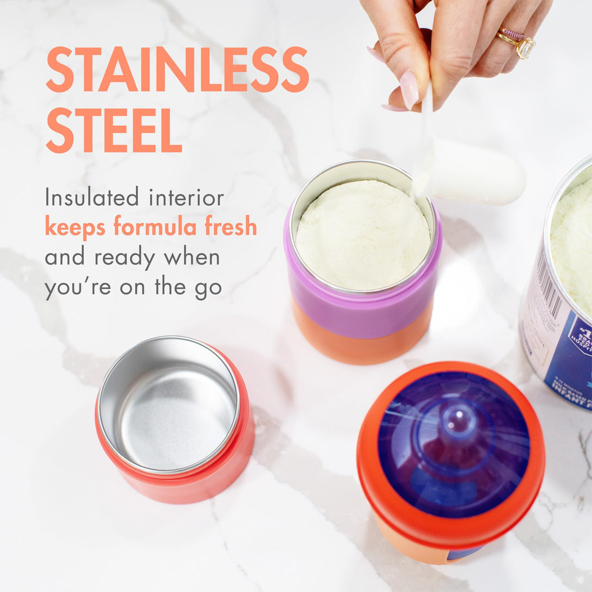 Three pink stainless steel formula storage pods unstacked showing easy dispense funnel