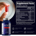 Back label of Oceanutra krill oil detailing nutritional facts, EPA, DHA, and choline content.