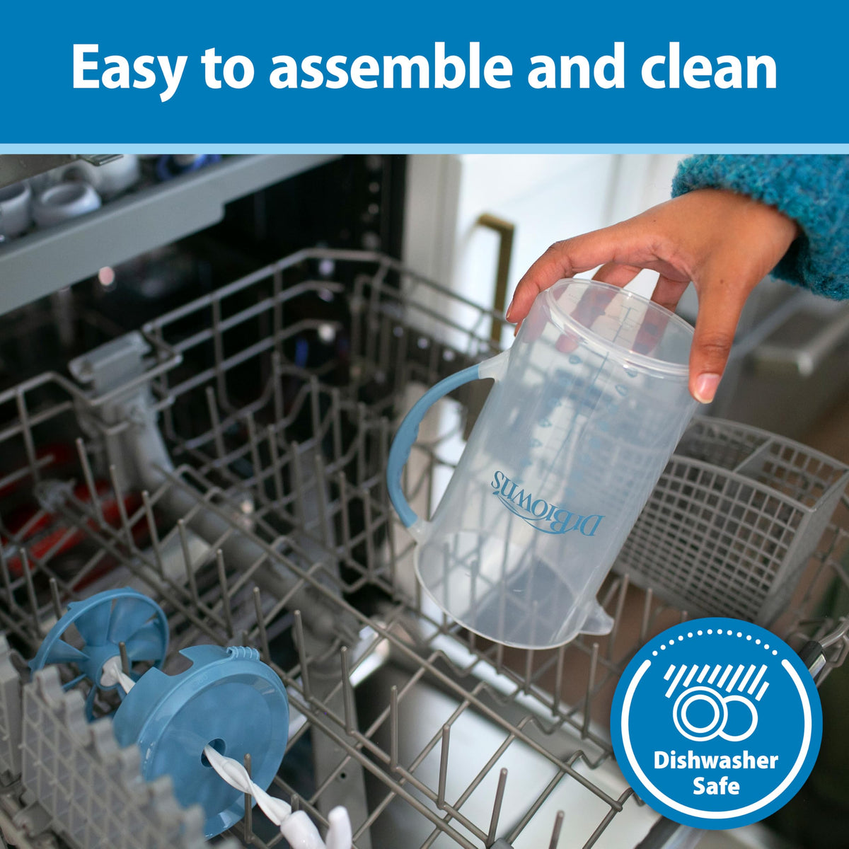 The components of the BPA-free Dr. Brown's formula mixer disassembled to demonstrate how easy it is to clean.